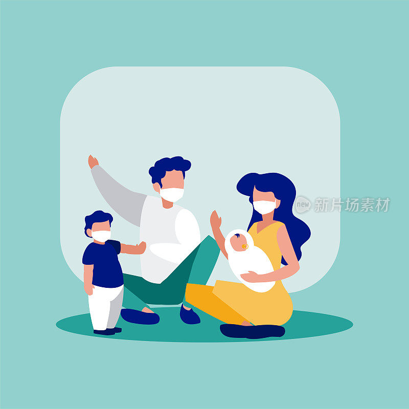 Family with masks front frame vector设计
